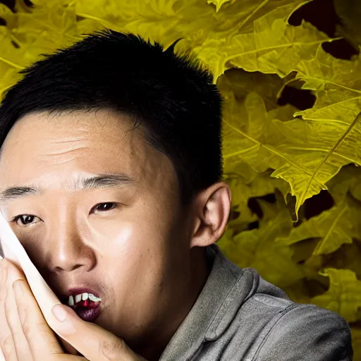 Image similar to an award winning cinematic still of surprised Justin Sun with extremely long wooden nose with leaf, 16k hyper realistic photograph, close-up professional portrait, centered, dramatic lighting