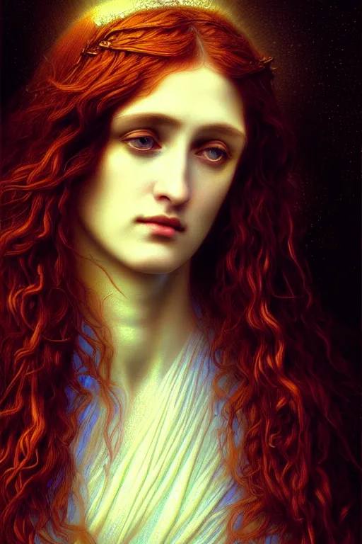 Prompt: gentle muse - priestess of the pre - raphaelites, complex, highly detailed, art station, illustration, jurgens, rutkovsky, bugro, volumetric dynamic lighting, highly detailed, cinematic lighting