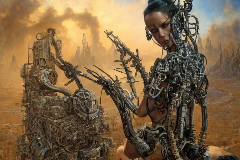 Prompt: a centered photo of a post apocalyptic tribal cyborg tweaking and playing synthesizers in the most complicated fractal and technical musical studio, powerful, cinematic, beautifully lit, by donato giancola, by artgerm, by karol bak, 3 d, perfect face and body, trending on artstation, octane render, 8 k