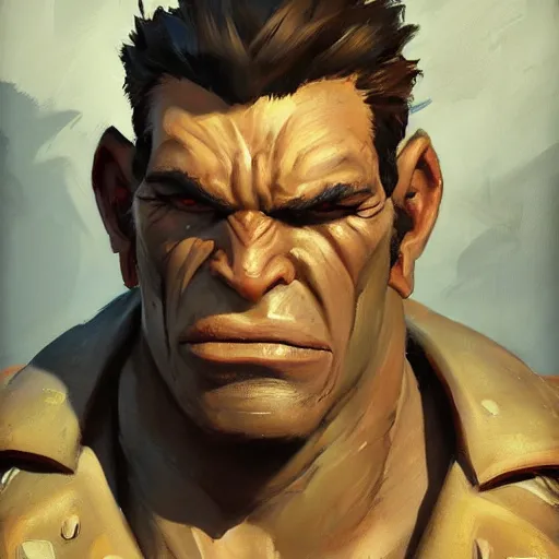 Prompt: greg manchess close - up portrait painting of a ruggedly handsome young dieselpunk orc with olive green skin as an overwatch character, medium shot, asymmetrical, profile picture, organic painting, sunny day, matte painting, bold shapes, hard edges, street art, trending on artstation, by huang guangjian and gil elvgren and sachin teng