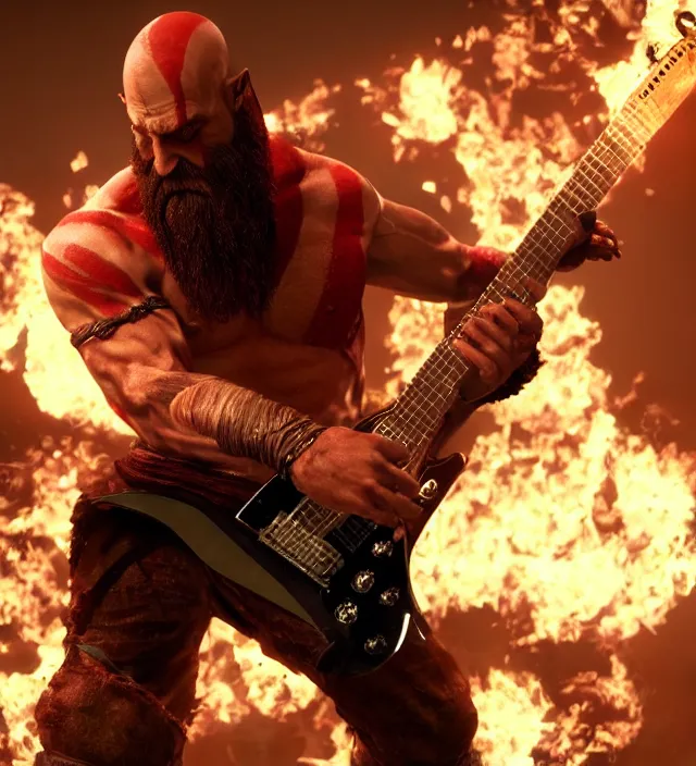 Image similar to kratos shredding on a flaming stratocaster guitar guitar, cinematic render, god of war 2 0 1 8, santa monica studio official media, lightning, stripe over eye, hands