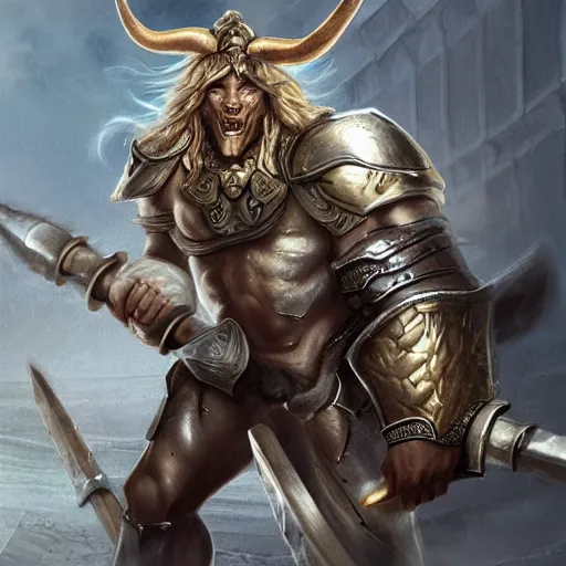 Prompt: Giant minotaur humanoid beast warrior with two handed axe, human face, concept art, heavy white and golden armor, impressive horns, long mane, full body, muscular, dungeons and dragons, hyperrealism, high details, digital painting, dark fantasy