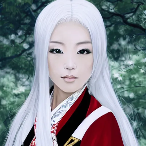 Image similar to Portrait of a japanese princess young lady, beauty, with a long white, white hair!!!, white hair!!!, ayaka cosplay, white hair!!!, young with white hair!!!!! artwork by Akihiko Yoshida