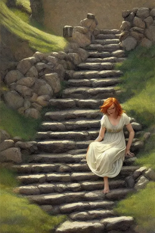 Prompt: stone steps fantasy landscape artstation by emilia dziubak, will terry, greg olsen, chris mars, ann long, and mark brooks, edward hopper dramatic, fairytale, art nouveau, victorian, neo - gothic, gothic,, storybook design