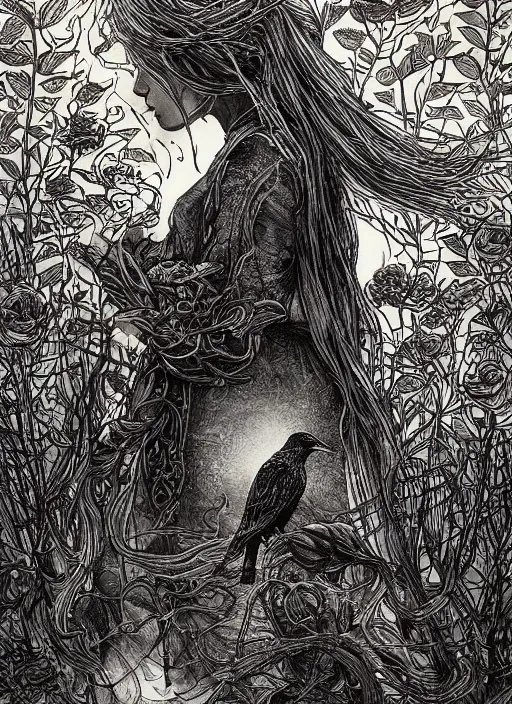 Prompt: golden elements at borders, side portrait , A young witch and a crow in front of the full big moon, creative book cover, winner of design award, red roses, red white black colors, establishing shot, extremly high detail, foto realistic, cinematic lighting, pen and ink, intricate line drawings, by Yoshitaka Amano, Ruan Jia, Kentaro Miura, Artgerm, post processed, concept art, artstation, matte painting, style by eddie, raphael lacoste, alex ross