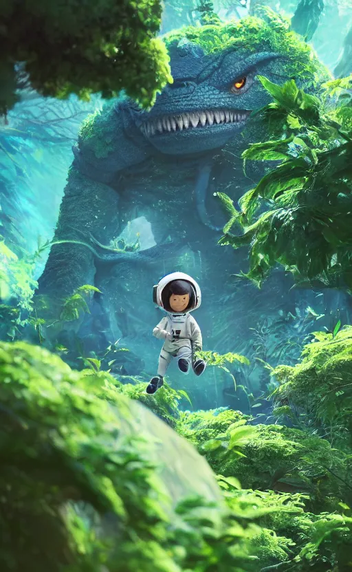 Image similar to a still of a cute adorable tiny astronaut, on a planet of lush foliage, with an enormous kaiju dragon surrounding, magical forest, sharp focus, neon backlit, highly detailed, disney pixar studio ghibli makoto shinkai, digital painting, matte, octane render, global illumination, iridescent, anime, 8 k