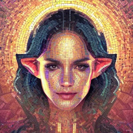 Image similar to mosaic portrait of a beautiful young girl with robot ears falling into the sun by Ross Tran, 4k, intricate details