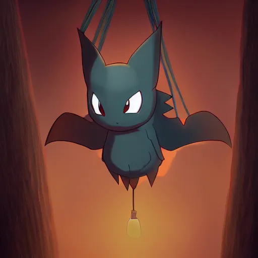 Prompt: a pokemon that looks like bat, bat hanging upside down in a tree, glowing like a light bulb, digital art. trending on art station, unreal engine.