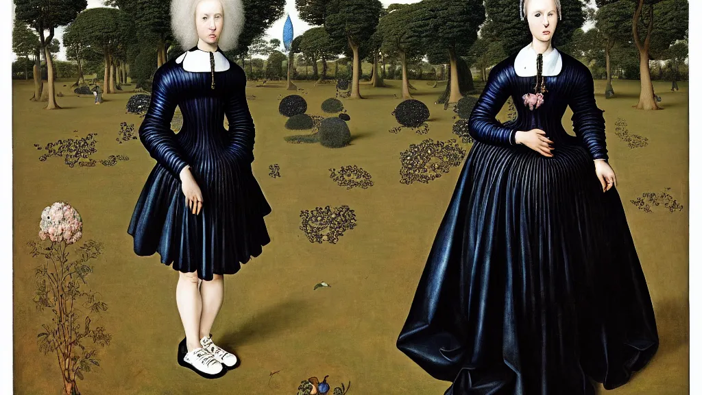 Image similar to portrait of a woman with blue frizzy hair, wearing a high collar black dress by alexander mcqueen and metallic platform shoes, standing in a botanical garden, bjork aesthetic, masterpiece, in the style of rogier van der weyden and jacopo da pontormo, punk, asian art