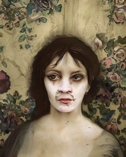 Image similar to a beautiful and eerie baroque painting of a beautiful but serious woman in layers of fear, with haunted eyes and dark hair piled on her head, 1 9 7 0 s, seventies, floral wallpaper, wilted flowers, deathly pallor, morning light showing injuries, delicate ex embellishments, painterly, offset printing technique