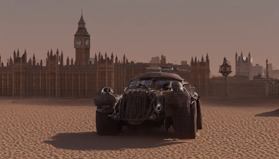 Prompt: london's big ben in mad max, tons of sand, sandstorm, sand dunes, hyperdetailed, artstation, cgsociety, 8 k