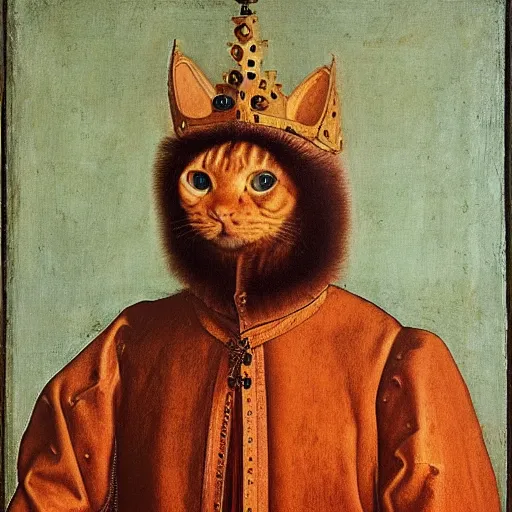 Image similar to portrait of a king with an orange cats head for a head, oil painting by jan van eyck, northern renaissance art, oil on canvas, wet - on - wet technique, realistic, expressive emotions, intricate textures, illusionistic detail