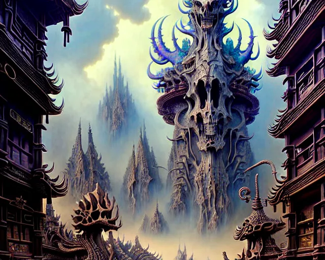 Prompt: street view of a temple made of dragon skulls and bones, fantasy landscape made of fractals facing each other, ultra realistic, wide angle, intricate details, the fifth element artifacts, highly detailed by peter mohrbacher, hajime sorayama, wayne barlowe, boris vallejo, aaron horkey, gaston bussiere, craig mullins