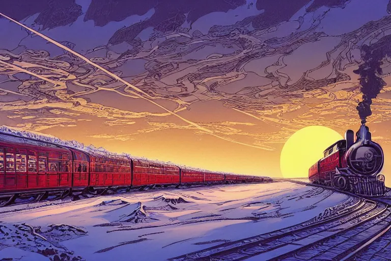 Image similar to trans - siberian express train illustration by joe fenton and syd mead and p. craig russell and barry windsor - smith, artstation, 4 k, graphic novel, concept art, matte painting, beautiful russian winter landscape sunset background, golden hour, art nouveau