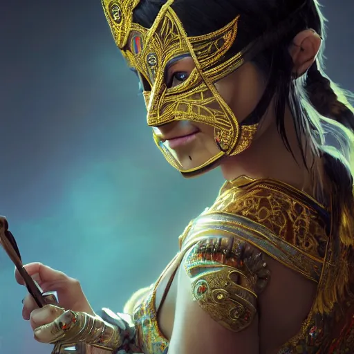 Image similar to the portrait, beautiful aztec masked female violinist, exotic costumes, gold jewelry, black hair ， illustration by wenjun lin, irakli nadar, bright colors, octopath traveler, wenjun lin, unreal engine 5 highly rendered, global illumination, radiant light, detailed and intricate environment