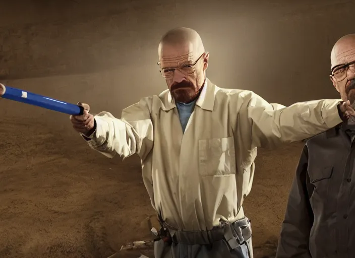 Image similar to film still of Walter White as Gordan Freeman holding a crowbar in the Half Life Movie, 4k