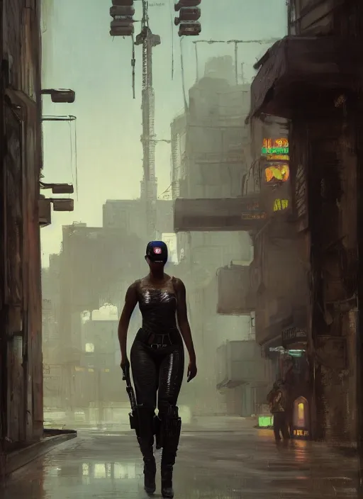 Prompt: Maria Igwe. Cyberpunk hitwoman wearing military vest walking through nightclub (blade runner 2049, cyberpunk 2077). Orientalist portrait by john william waterhouse and James Gurney and Theodore Ralli and Nasreddine Dinet, oil on canvas. Cinematic, hyper realism, realistic proportions, dramatic lighting, high detail 4k