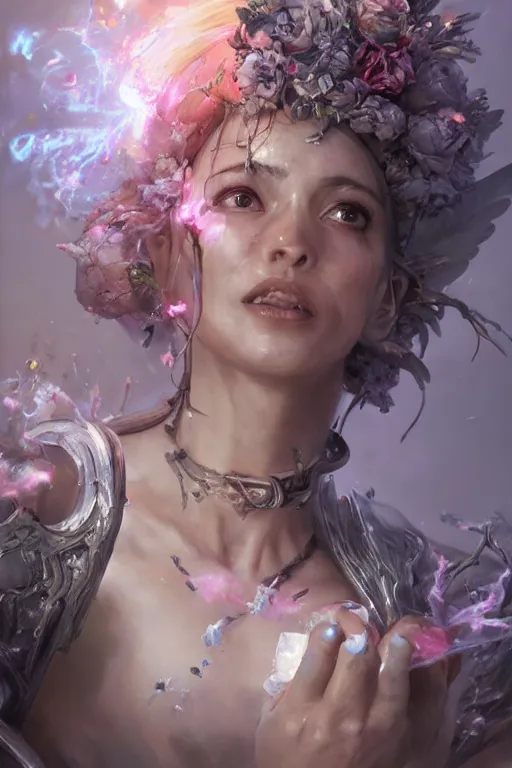 Image similar to beautiful girl necromancer, witch - doctor covered with ice exploding into flowers, angels, 3 d render, hyper - realistic detailed portrait, holding fire and electricity, ruan jia, wlop. scifi, fantasy, magic the gathering, hyper detailed, octane render, concept art, peter mohrbacher