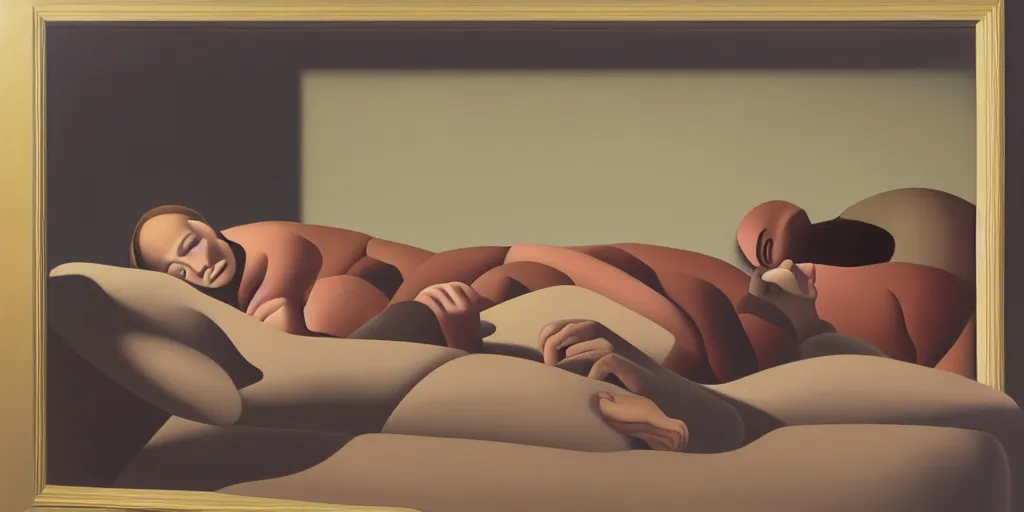 Prompt: sleeping lady in a dark room in heatwave, oil painting by george tooker