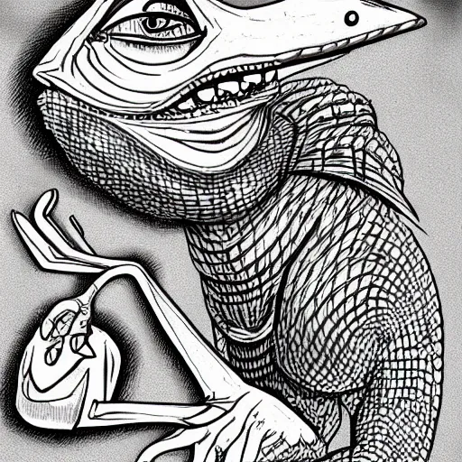 Prompt: lizard flamingo hybrid, muppet punk, basil wolverton style, hr giger style, disney style