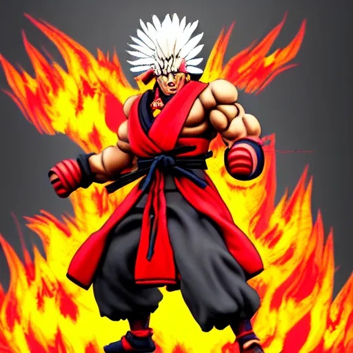 Image similar to a nihonga style shogun that is akuma from street fighter surrounded by flames