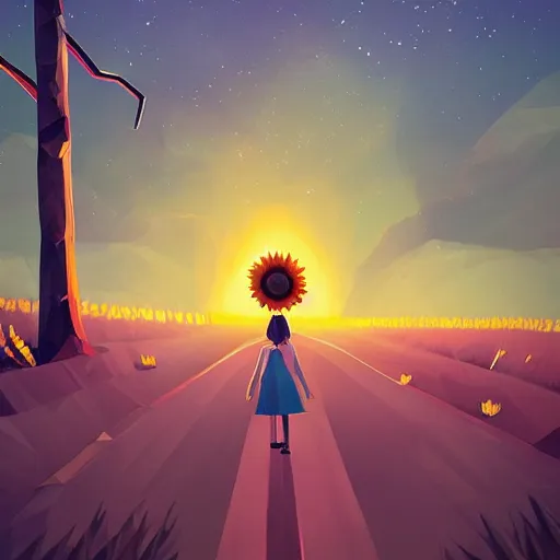 Prompt: low poly, pixar, giant sunflower as a face, girl walking between big trees, hills, surreal photography, dark night, star trails, dramatic light, impressionist painting, clouds, digital painting, artstation, simon stalenhag