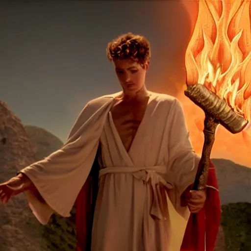 Image similar to cinematic still of divine angelic man with white ancient Canaanite robes holding a flaming sword, paradise in the background