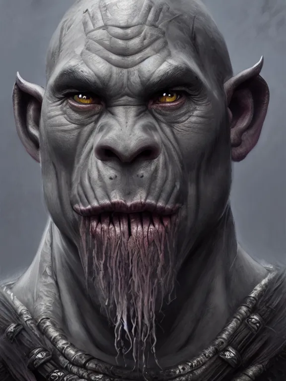 Image similar to portrait of a grey orc, looking at camera, d & d, savage warrior, leather attire, aztec hair, pig noses, intricate, fantasy, extremely detailed, digital painting, artstation, concept art, smooth, sharp focus, illustration, ambient lighting, art by artgerm and greg rutkowski and alphonse mucha and simon stalenhag