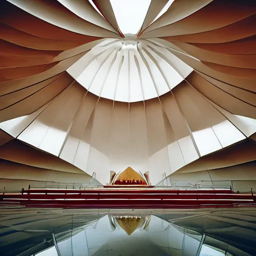 Image similar to interior of a futuristic lotus temple with gold, red and white marble panels, in the desert, by buckminster fuller and syd mead, intricate contemporary architecture, photo journalism, photography, cinematic, national geographic photoshoot