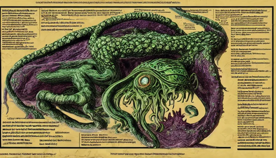 Image similar to cthulhu cross section scientific illustration biology book, highly detailed