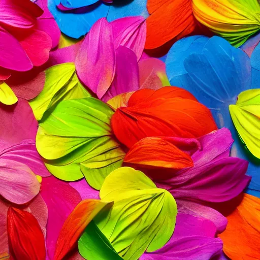 Image similar to spaciously scattered multi colored flower petals flowing through the air from left to right on a clean background