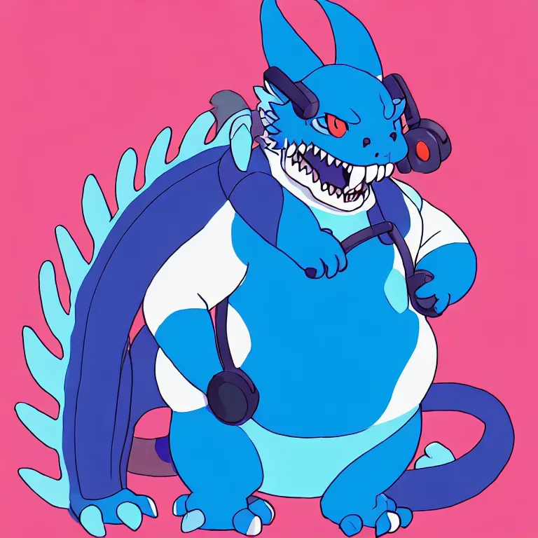 Prompt: a chubby anthropomorphic male blue dragon fursona, headphones on his head, cute, furry, beautiful, soft colors, oil on canvas, digital art, soft lighting