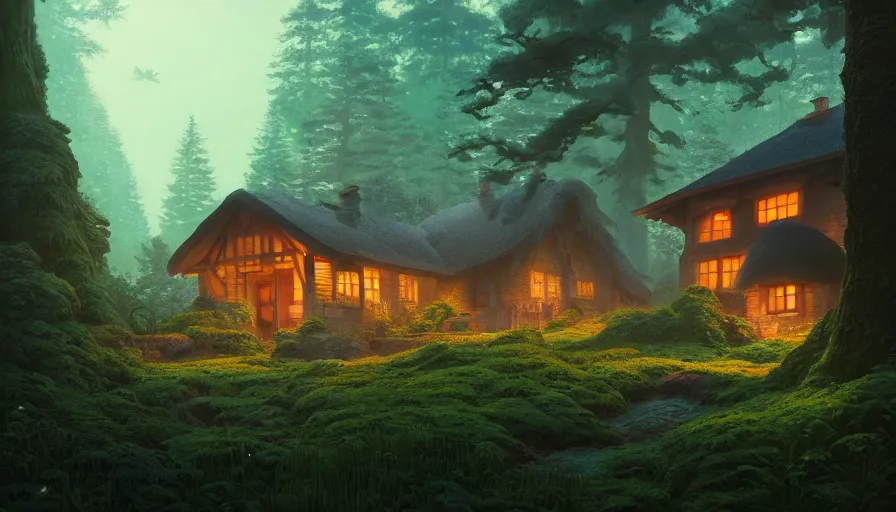 Image similar to A highly detailed matte painting of cottage in a dark forest, by Studio Ghibli, Makoto Shinkai, by Artgerm, by beeple, by Greg Rutkowski, volumetric lighting, octane render, 4K resolution, trending on artstation, masterpiece