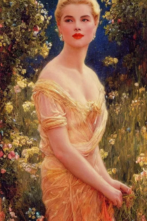 Image similar to A young and extremely beautiful Grace Kelly explaining the birds and the bees in the style of Gaston Bussière, art nouveau, art deco. Extremely lush detail. Night scene. Perfect composition and lighting. Surreal. A shaft of moonlight illuminates her.