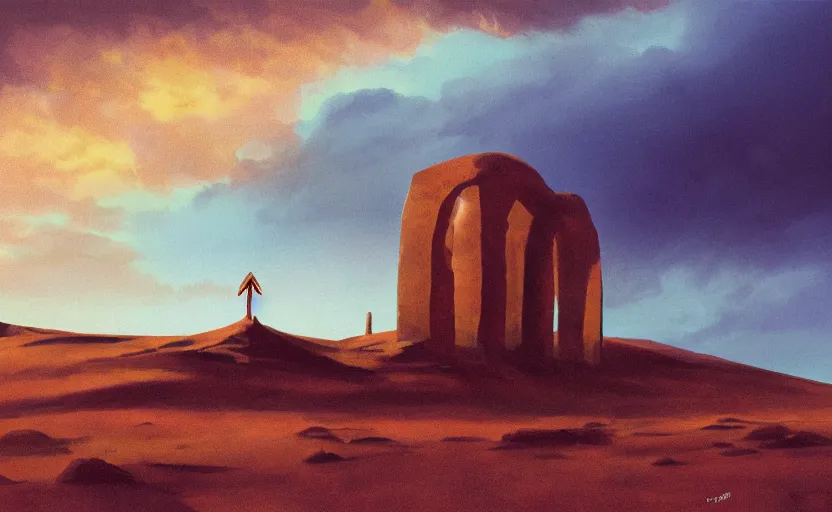 Prompt: an ancient symmetrical stone temple rising up out of the dunes of an alien planet in front of a beautiful sky with dramatic rolling clouds at golden hour, 70s scifi painting