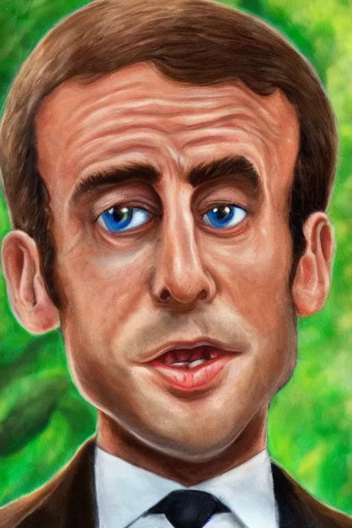 Image similar to Emmanuel Macron love so much mushroom from Mario in the wood, realistic detailed picture