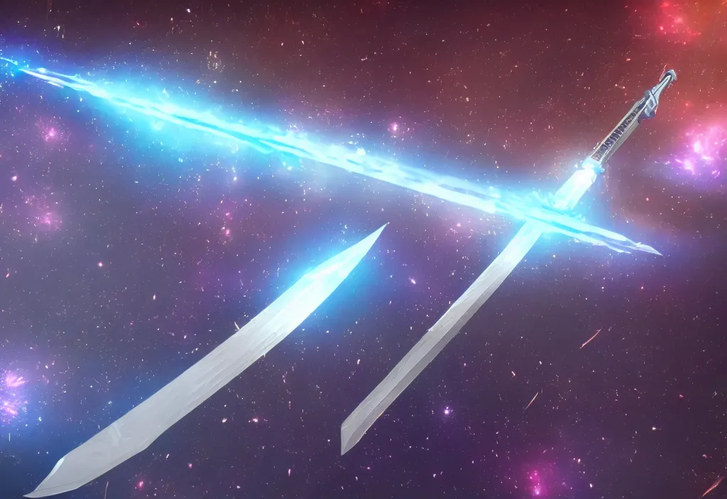 Prompt: a holographic metal sword floating in space reflecting the destruction of the universe, intricate unreal engine 5 creation