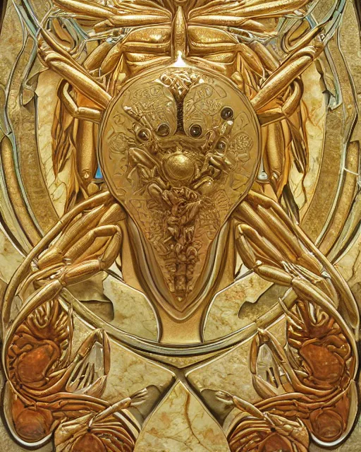 Image similar to symmetry, intracate marble bas relief sculpture, gold inlay, crabs crabs crabs crabs crabs crabs, highly detailed, octane, 8 k, hdr, alphonse mucha, trending on artstation