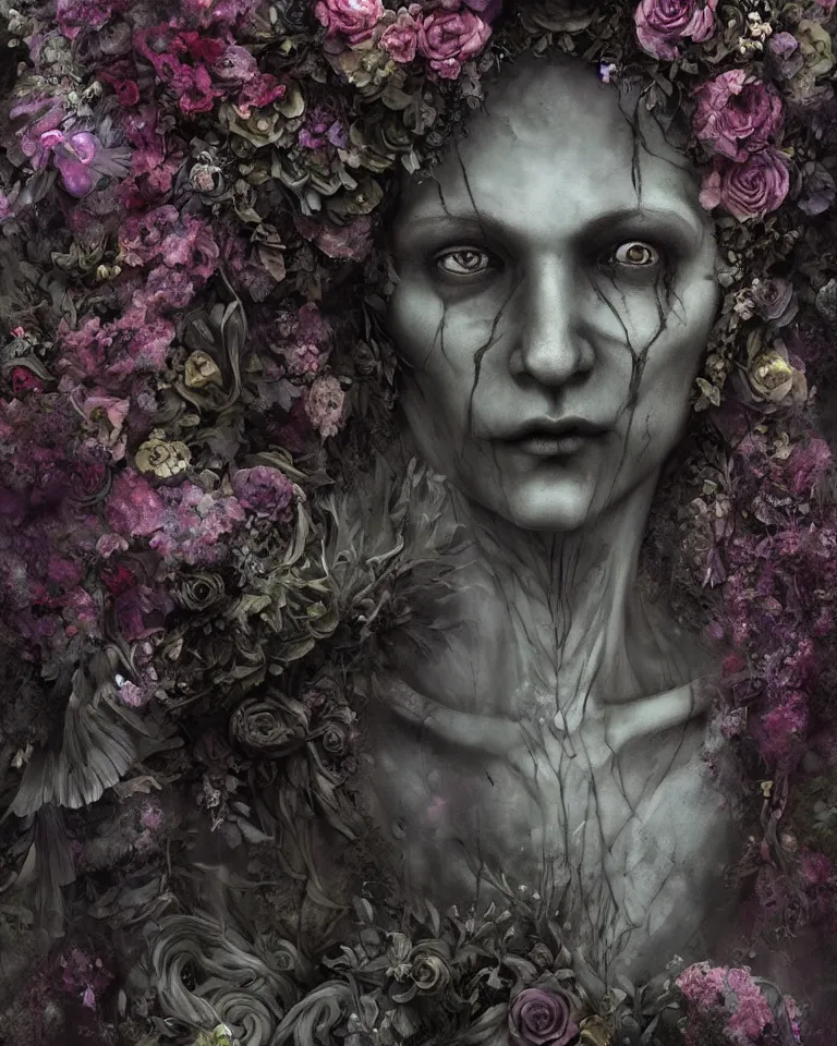 Image similar to a digital painting of the face of a gothic cemetery statue made of mist and flowers, Andrew Ferez, Charlie Bowater, Marco Mazzoni, Seb McKinnon, Ryohei Hase, Alberto Seveso, Kim Keever, trending on cgsociety, featured on zbrush central, new sculpture, mystical