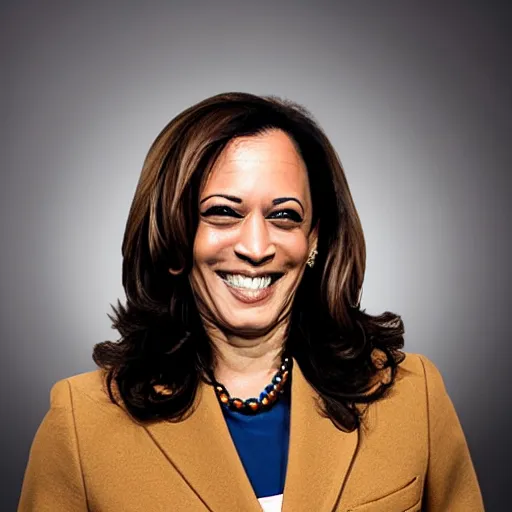 Image similar to kamala harris portrait photo, alternate reality gang prison tattoo face, gold teeth