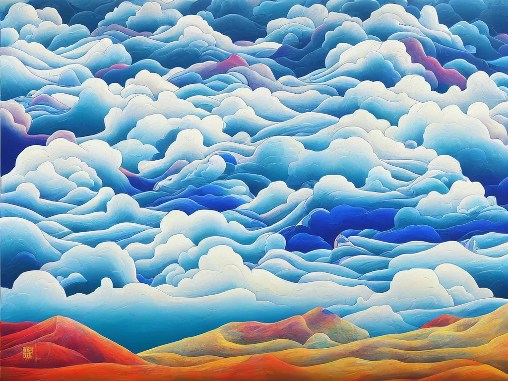 Prompt: hyperrealism general plan composition on the borders of the picture mountains, clouds, trees, sea and waves, empty space in the middle, pop - art style, jacky tsai style, acrylic on canvas