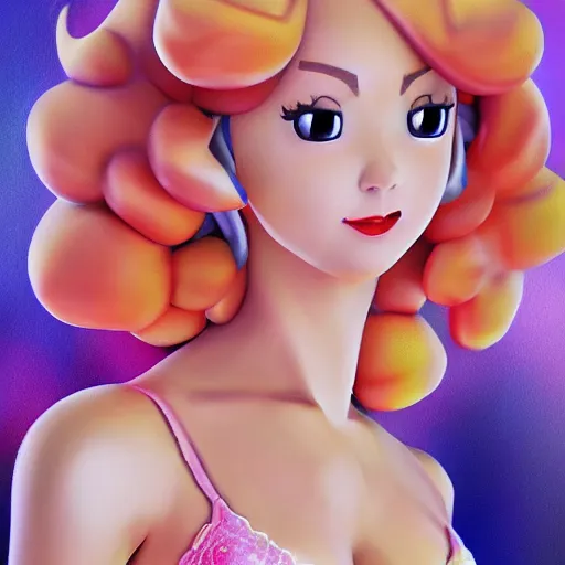Prompt: photorealistic princess peach portrait, tight push up bra, large bust