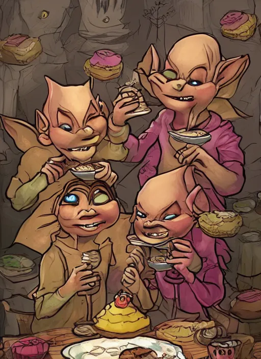 Image similar to fairy tale hobgoblins eating cakes. detailed digital art, trending on Artstation