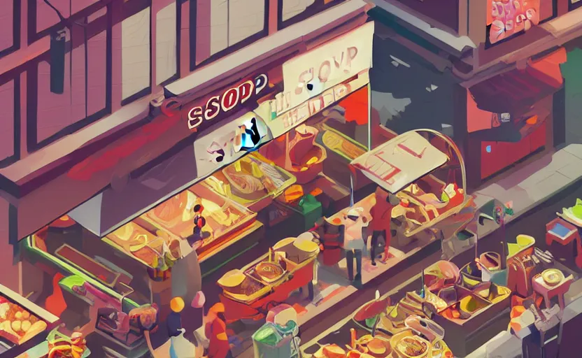 Image similar to soup shop in a busy market, aliens on the street, james gilleard, print, game art