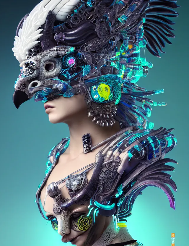 Image similar to 3 d goddess close - up profile portrait cyberpunk with ram skull. beautiful intricately detailed japanese crow kitsune mask and clasical japanese kimono. betta fish, jellyfish phoenix, bio luminescent, plasma, ice, water, wind, creature, artwork by tooth wu and wlop and beeple and greg rutkowski