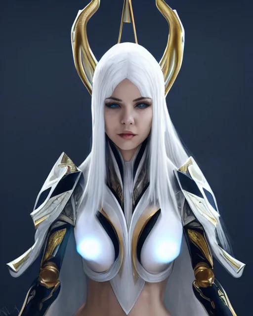 Image similar to perfect white haired attractive egyptian goddess, warframe armor, beautiful, symmetric, dreamy, half asian, pretty face, green eyes, charlize theron, detailed, scifi platform, laboratory, experiment, 4 k, ultra realistic, epic lighting, android body, illuminated, cinematic, masterpiece, art by akihito tsukushi, voidstar