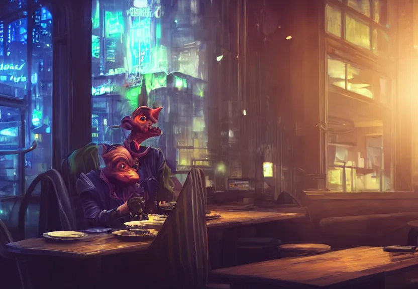 Image similar to a bored male goblin punk sitting at a table in a cafe in a cyberpunk city, close up shot, sharp focus, shallow depth of field, highly detailed face, 8k, unreal engine 5, cinematic lighting, vivid elegant fantasy concept art, character art, stern blue neon atmosphere, artstation, deep complimentary colors, volumetric lighting, photorealistic, hyperdetailed 3D matte painting, hyperrealism, hyperrealistic masterpiece