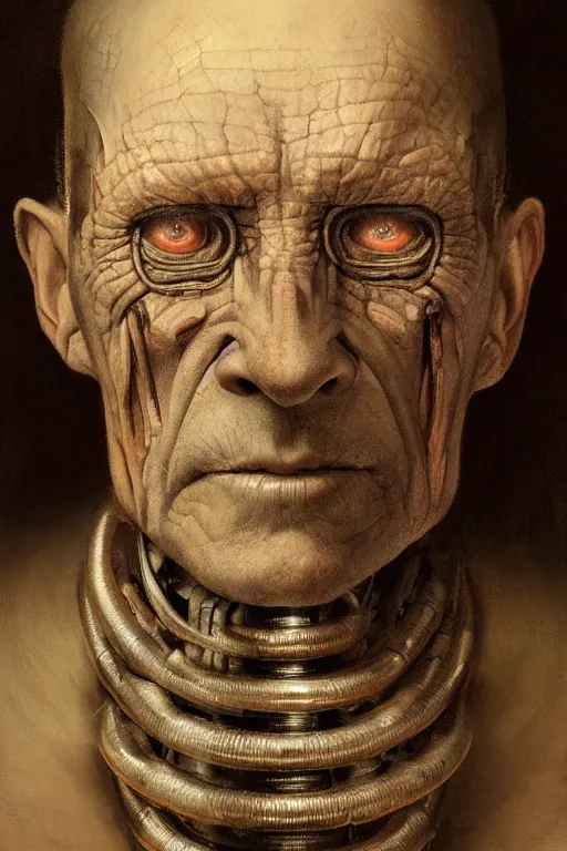 Prompt: beautiful oil clean painting biomechanical portrait old machine man face by wayne barlowe, rembrandt, complex, stunning, realistic skin color, 4 k, high res, awardwinning, masterpiece, realistic lighting