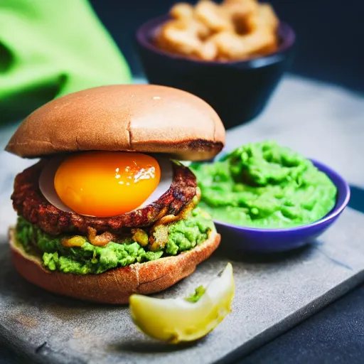 Image similar to juicy vegan hamburger topped with guacamole and fried onion and a vegan fried egg, crispy buns, 8 k resolution, professional food photography, studio lighting, sharp focus, hyper - detailed