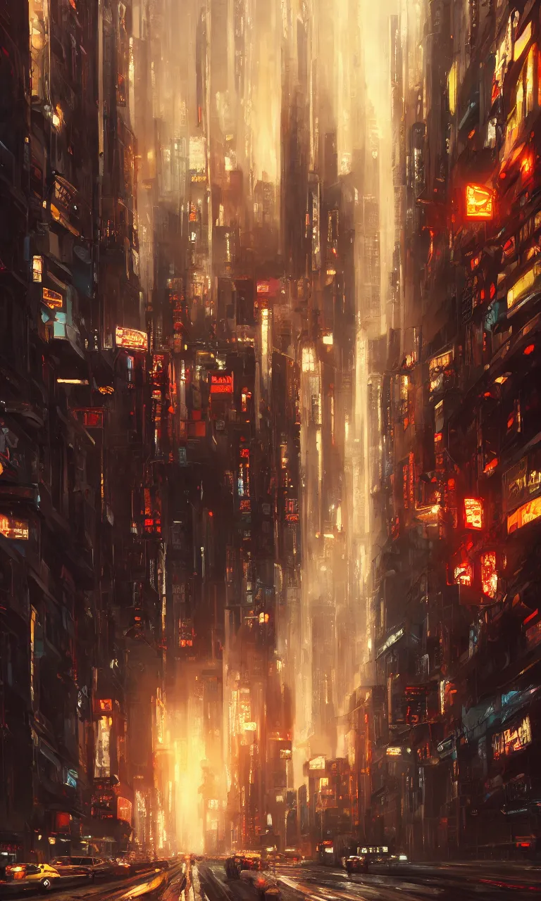 Image similar to an epic painting of the city street road, oil on canvas, cold colors, perfect composition, golden ratio, beautiful detailed, photorealistic, digital painting, artstation, concept art, smooth, sharp focus, illustration, cyberpunk background, artstation trending, octane render, unreal engine